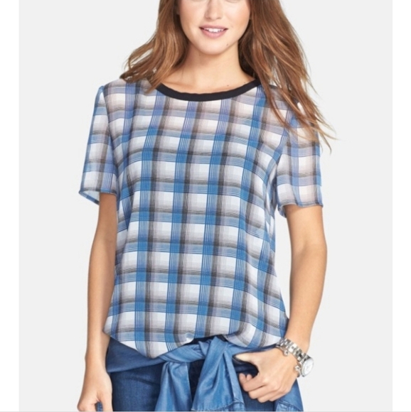 New Caslon Sheer Blue/Multi Plaid Tee - Picture 1 of 7